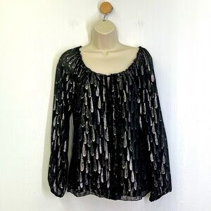White House Black Market - Embroidered Silk Black With Silver Shimmer Top XS